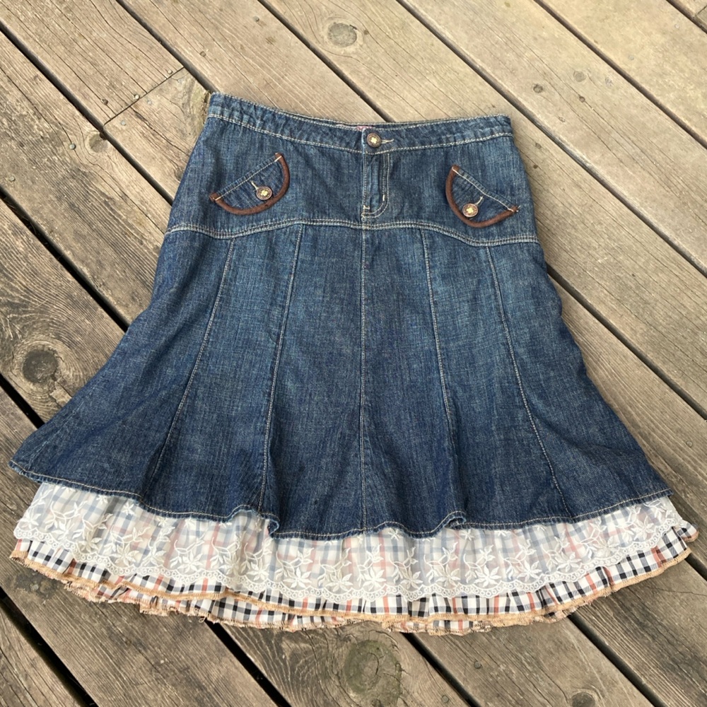 Boho IN LOOK JEANS Skirt Denim Blue Brown Cream Plaid Lace Ruffle Size 12 EU42 - Picture 2 of 14